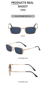 Detail view of gold square sunglasses with textured frames and gray lenses from multiple angles