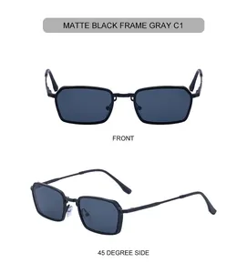 Close-up of matte black square sunglasses with zinc alloy spring temples and gray lenses
