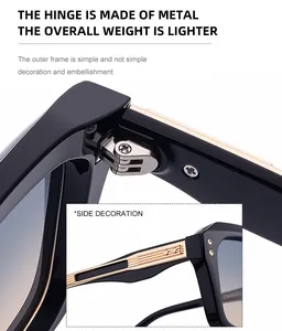 Detail of metal hinge on black square sunglasses with gold stripe accents