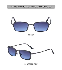 Front and side views of vintage square gunmetal sunglasses with blue gradient lenses