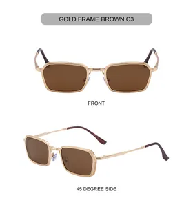 Front and 45-degree side view of vintage square sunglasses with gold metal frames C3