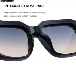 Macro detail of high-gloss square sunglasses with integrated nose pads for comfortable fit