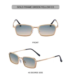 Detail view of gold metal frame sunglasses with gradient green and yellow lenses