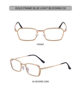 Detail view of gold metal square frame blue light blocking glasses with black ear tips