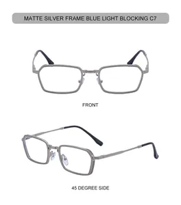 Front and side view of matte silver square sunglasses with punk spring metal temples