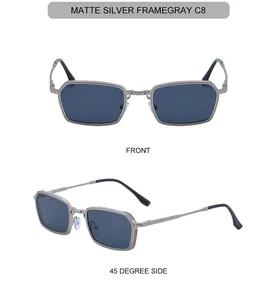 Front and side view of matte silver square sunglasses with punk style zinc alloy temples