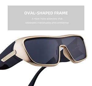 Close-up of golden metal hinge detail and sleek black temples on sports sunglasses
