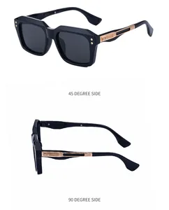 Detailed views of black square sunglasses with metallic gold striped temple accents