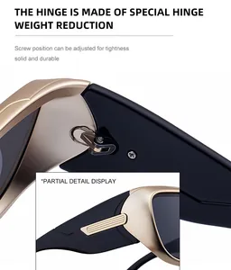 Detail view of reinforced hinge mechanism on sporty sunglasses with adjustable screw
