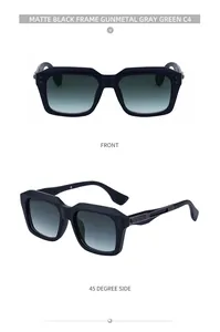Close-up of matte black square sunglasses with gunmetal gradient lenses and metal side details