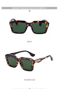 Detail view of square tortoise shell sunglasses with gold hinges and G15 green lenses