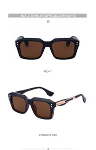 Detail view of square black sunglasses with gold metal accents and dark brown lenses