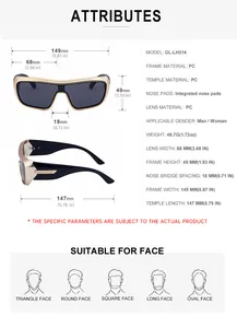 Detailed size specifications for PC frame sports sunglasses with technical measurements