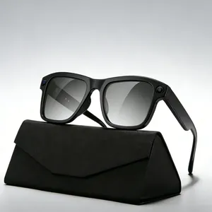 Gafas inteligentes con doble cámara, montura negra cuadrada y estuche de carga con textura