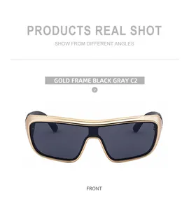 Front view of gold frame sports sunglasses with dark gray lenses and wrap design