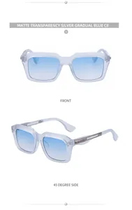 Detail view of matte transparent square sunglasses with silver blue gradient lenses
