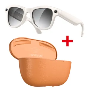 Gafas inteligentes con montura blanca y estuche de carga de cuero naranja, 3600mAh