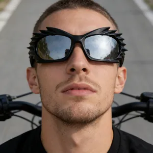 Futuristic black sports sunglasses with silver mirror lenses and sharp feathered frame design
