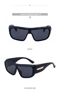 Front and side view of black frame sports sunglasses with golden metal side temples