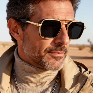 Retro Square Sunglasses Men Double Bridge Metal Frame UV400 Outdoor Driving Fashion Sun Glasses For Male