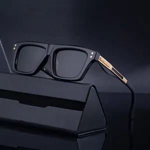 Classic polarized square frame sunglasses with gold-toned hollow metal temples and case