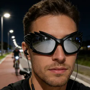 Y2K futuristic wing-shaped sports sunglasses with silver mirrored lenses and black frame