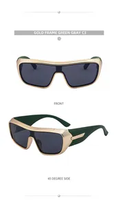 Detailed front and side views of gold frame sports sunglasses with grey lenses