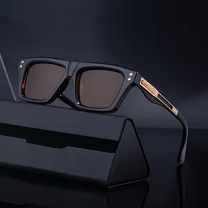 Fashionable black square sunglasses for men with golden metal hinges and a foldable case