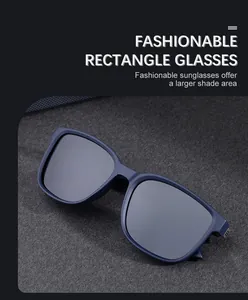 Detalle de gafas de sol rectangulares en azul oscuro mate sobre un fondo gris suave