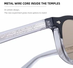 Macro shot of square frame sunglasses showing engraved metal wire core inside clear temples
