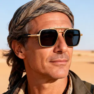 Close-up of square sunglasses with gold metal textures worn in a desert setting