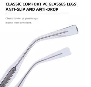 Close-up of clear PC sunglasses temples with engraved metal core and leaf pattern