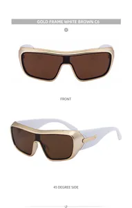 Detailed front and side view of gold frame sports sunglasses with brown lenses and white temples