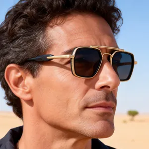 Side profile of male model wearing square pilot sunglasses with double-bridge metal frame