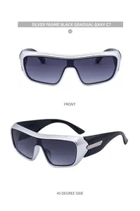 Front and 45-degree side view of silver frame sports sunglasses with black gradient lenses