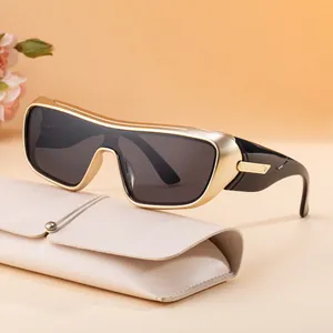 Modern oversized sports sunglasses with gold metal frame and dark grey lenses in a leather case