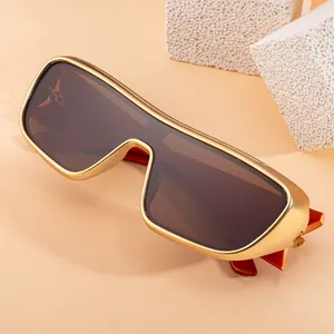 Men's oversized gold metal sports sunglasses with brown one-piece wrap lens for cycling