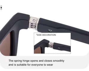 Detail of the high-quality metal spring hinge on square frame polarized sunglasses