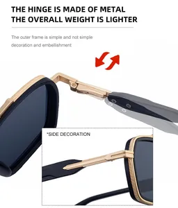 Macro view of durable metal hinges and textured side decoration on business retro sunglasses