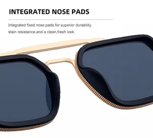 Detail of integrated nose pads and golden double bridge on square black sunglasses