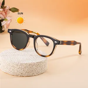 Retro square tortoiseshell frames with dark clip-on lenses and silver diamond rivets