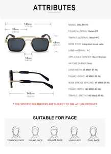Detailed technical specifications and face shape guide for retro square pilot sunglasses