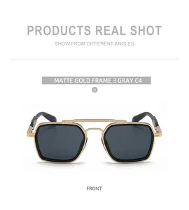 Front view of matte gold square frame sunglasses with gray lenses and double bridge design