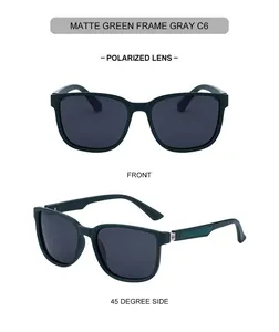 Gafas de sol polarizadas verde mate con lentes grises, vista frontal y lateral de 45 grados