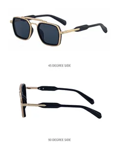 Detail view of square metal sunglasses with double bridge and textured gold frame