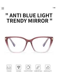 Detail of purple cat-eye blue light glasses with gradient frame and sturdy metal hinges