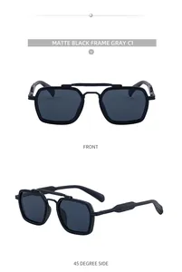 Detailed front and 45-degree side view of matte black square sunglasses with gray lenses