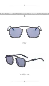 Detail view of square frame sunglasses with double bridge and blue coating lenses
