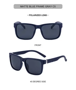 Detail view of square polarized sunglasses featuring matte blue frames and silver accents