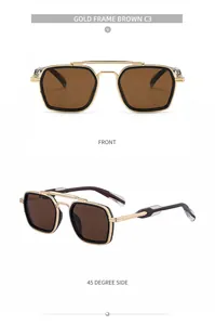 Macro shot of gold square sunglasses with brown lenses, dual bridge, and textured rims